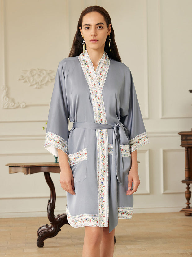 Ulivary Light Blue Embellished Flower Short Robe With Pockets