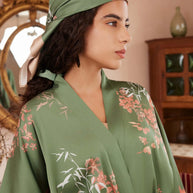 Ulivary Green Charmeuse Floral Painting Square Scarf