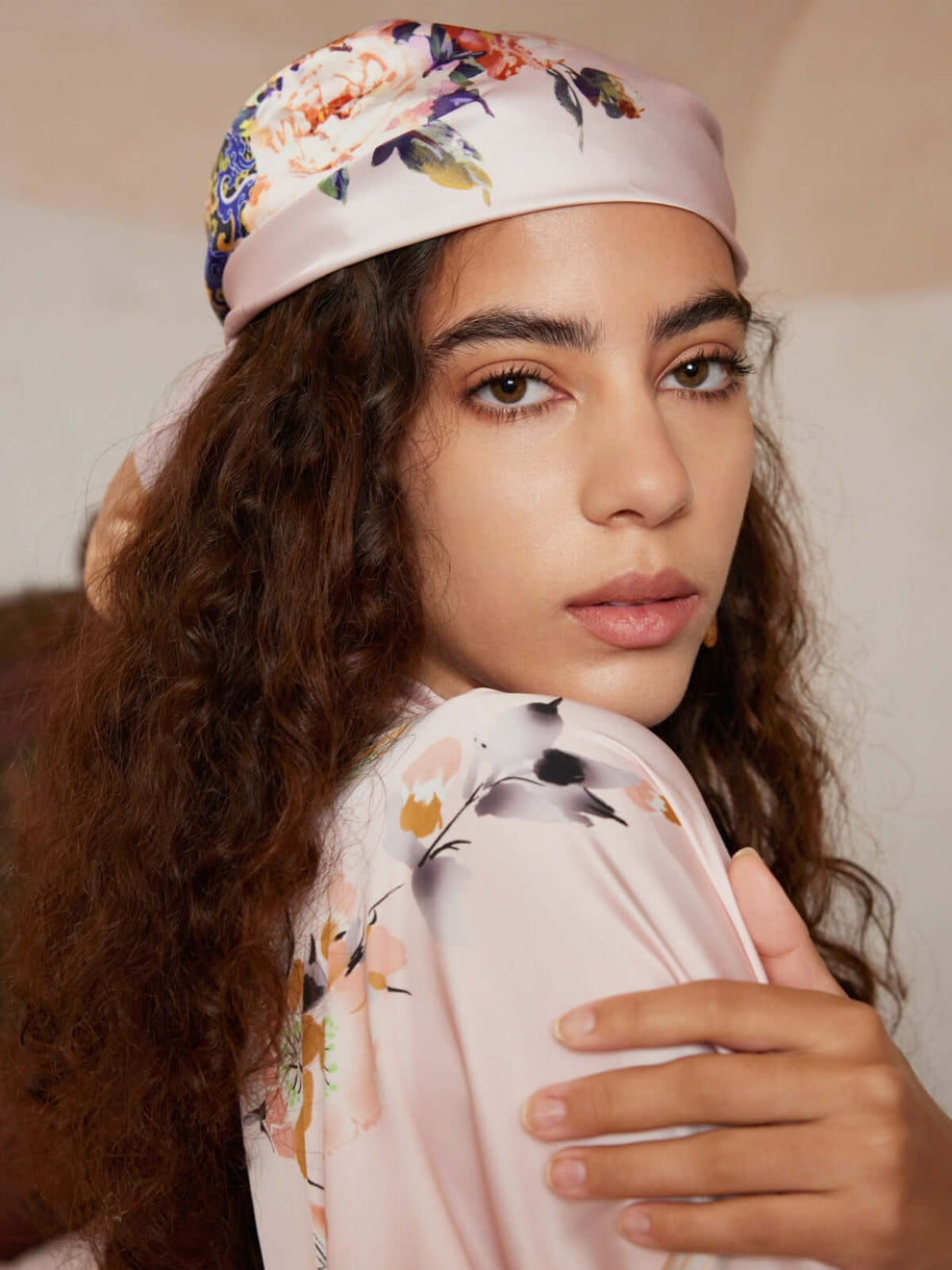 Ulivary Pink Crane Charmeuse Floral Square Scarf