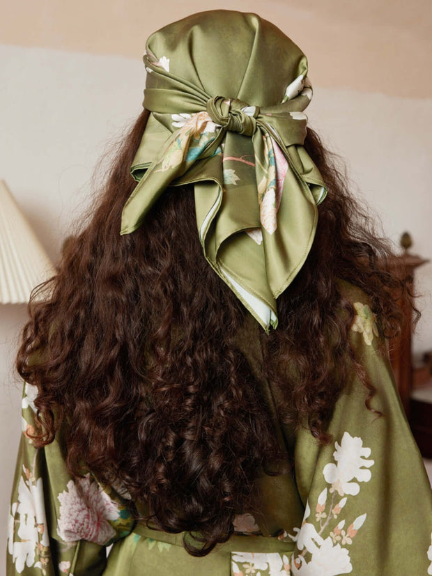 Ulivary Olive Charmeuse Floral Square Scarf