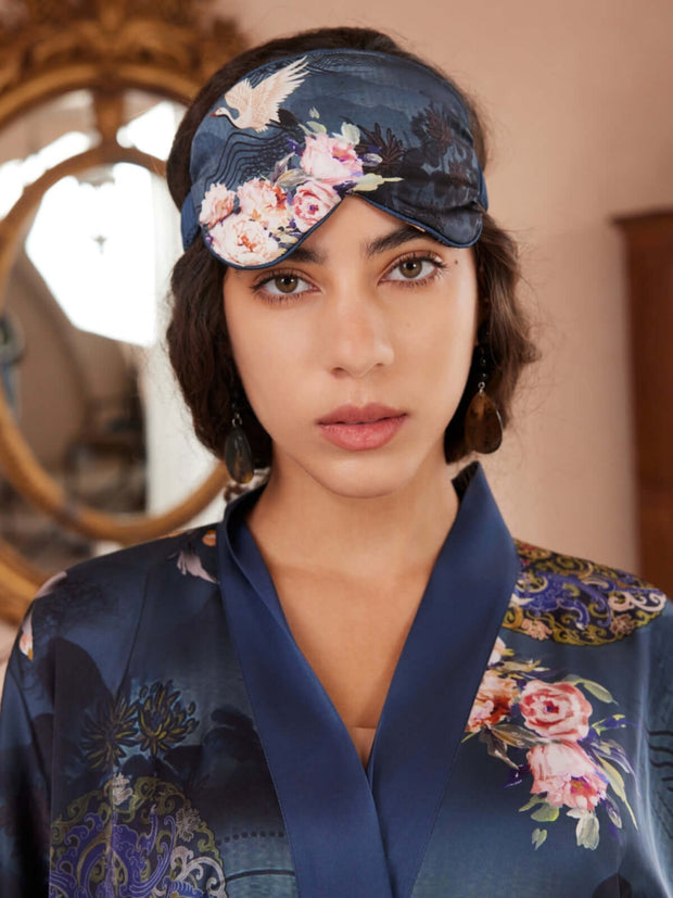 Ulivary Garden Crane Charmeuse Floral Asian Inspired Sleep Mask