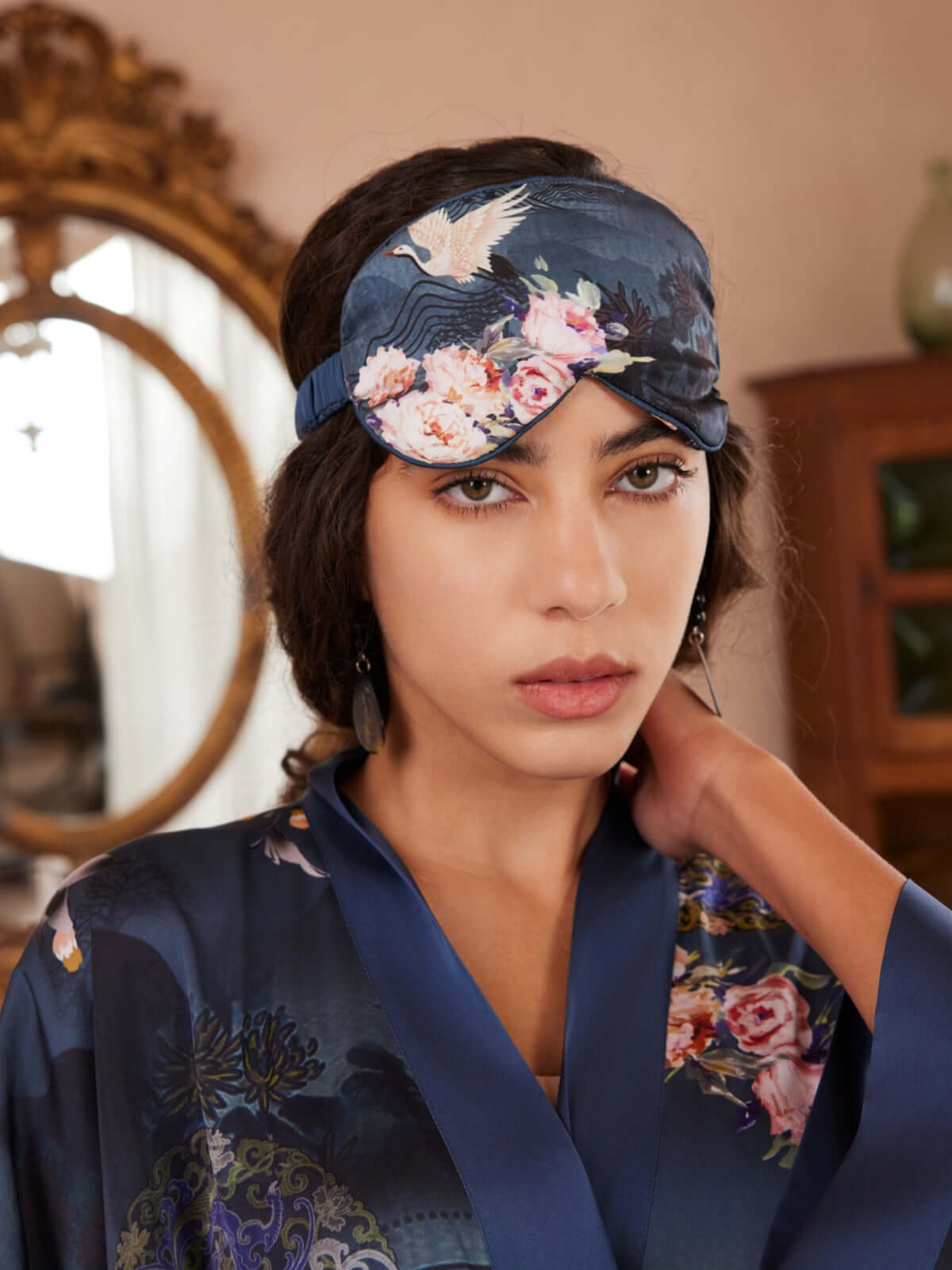 Ulivary Garden Crane Charmeuse Floral Asian Inspired Sleep Mask