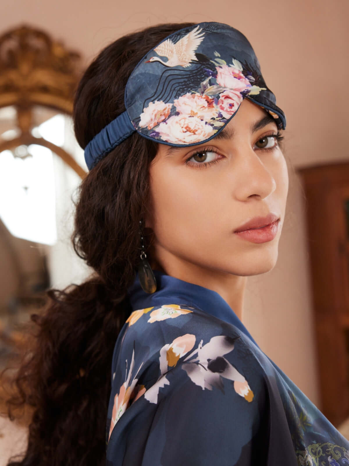 Ulivary Garden Crane Charmeuse Floral Asian Inspired Sleep Mask