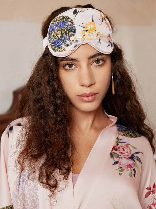 Ulivary Pink Crane Charmeuse Floral Asian Inspired Sleep Mask