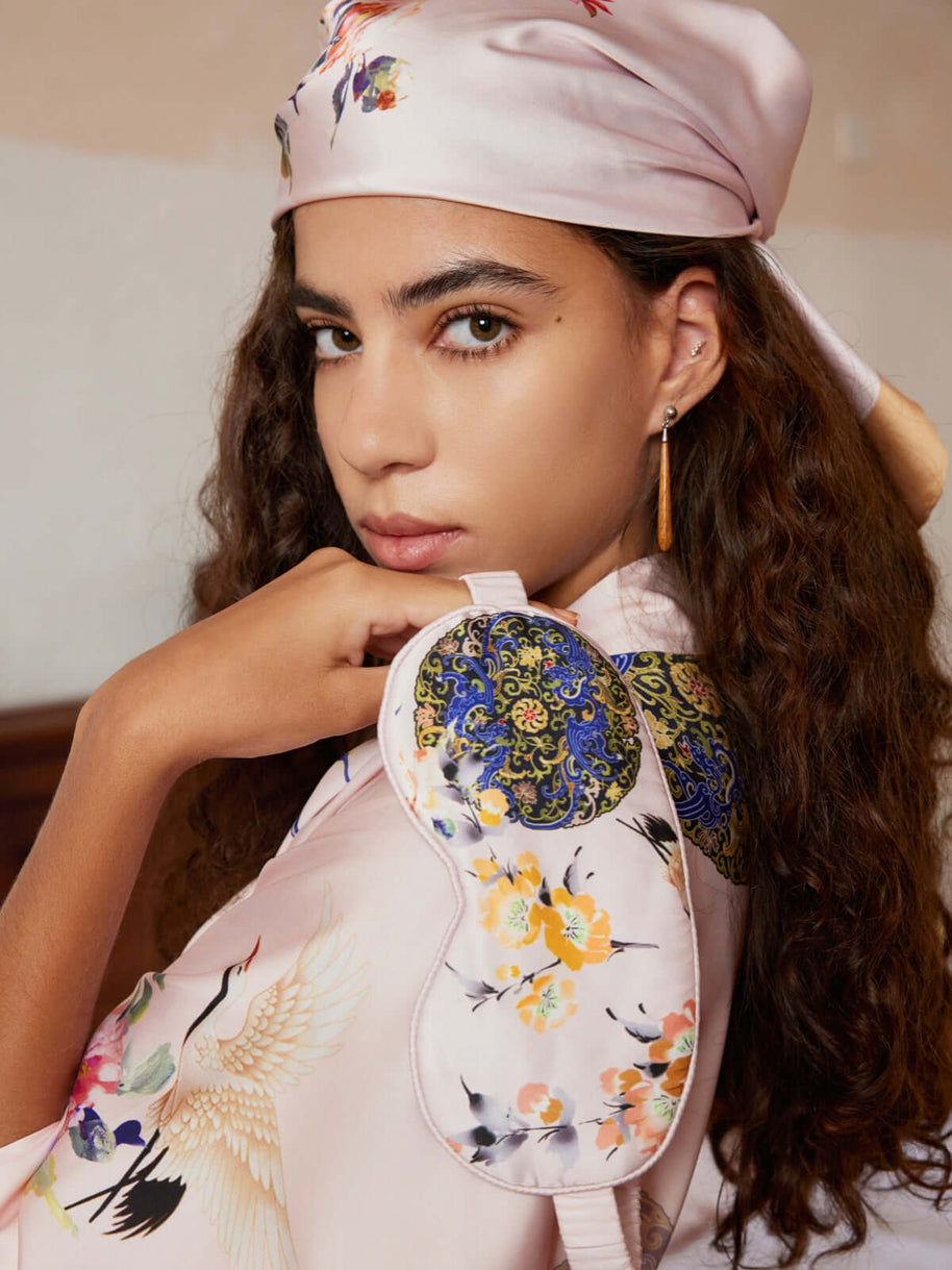 Ulivary Pink Crane Charmeuse Floral Square Scarf