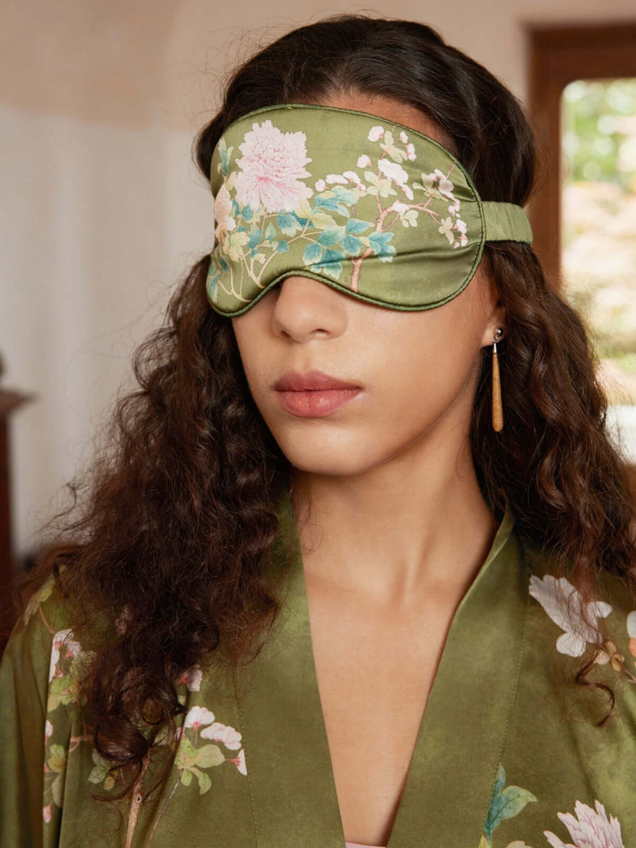 Ulivary Olive Charmeuse Floral Asian Inspired Sleep Mask