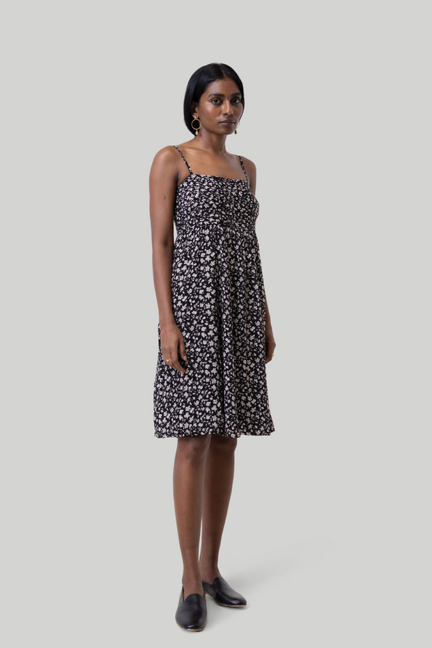 Reistor Ruched Strappy Mini Black Floral Dress