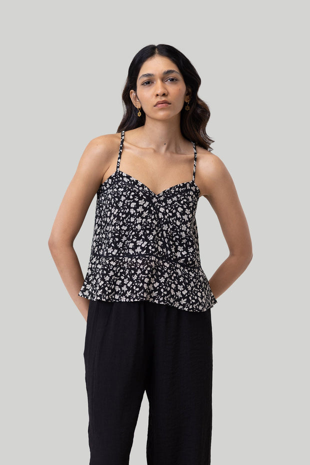 V-neck Lace Camisole In Black Florals