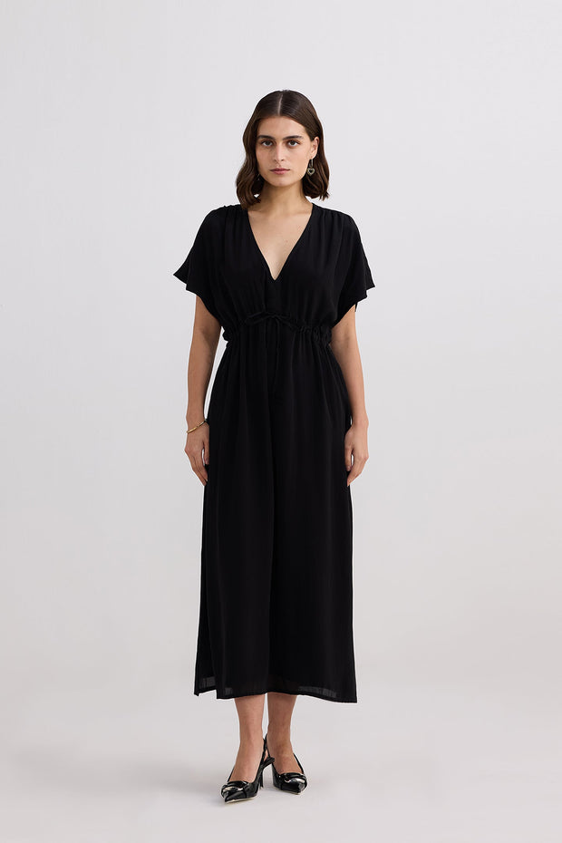 V-neck Gathered Maxi Dress In Black