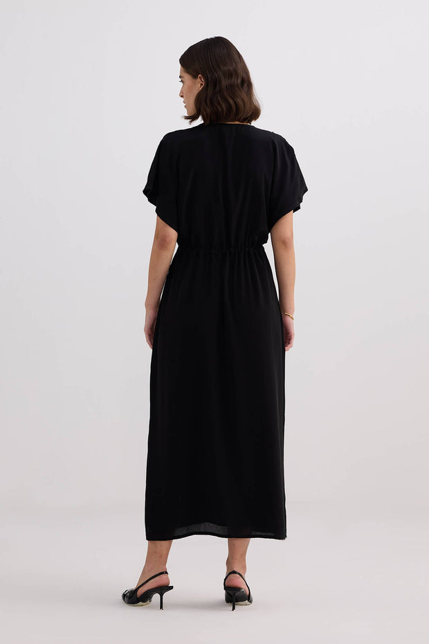 V-neck Gathered Maxi Dress In Black