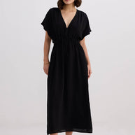Reistor V-neck Gathered Maxi Dress in Black