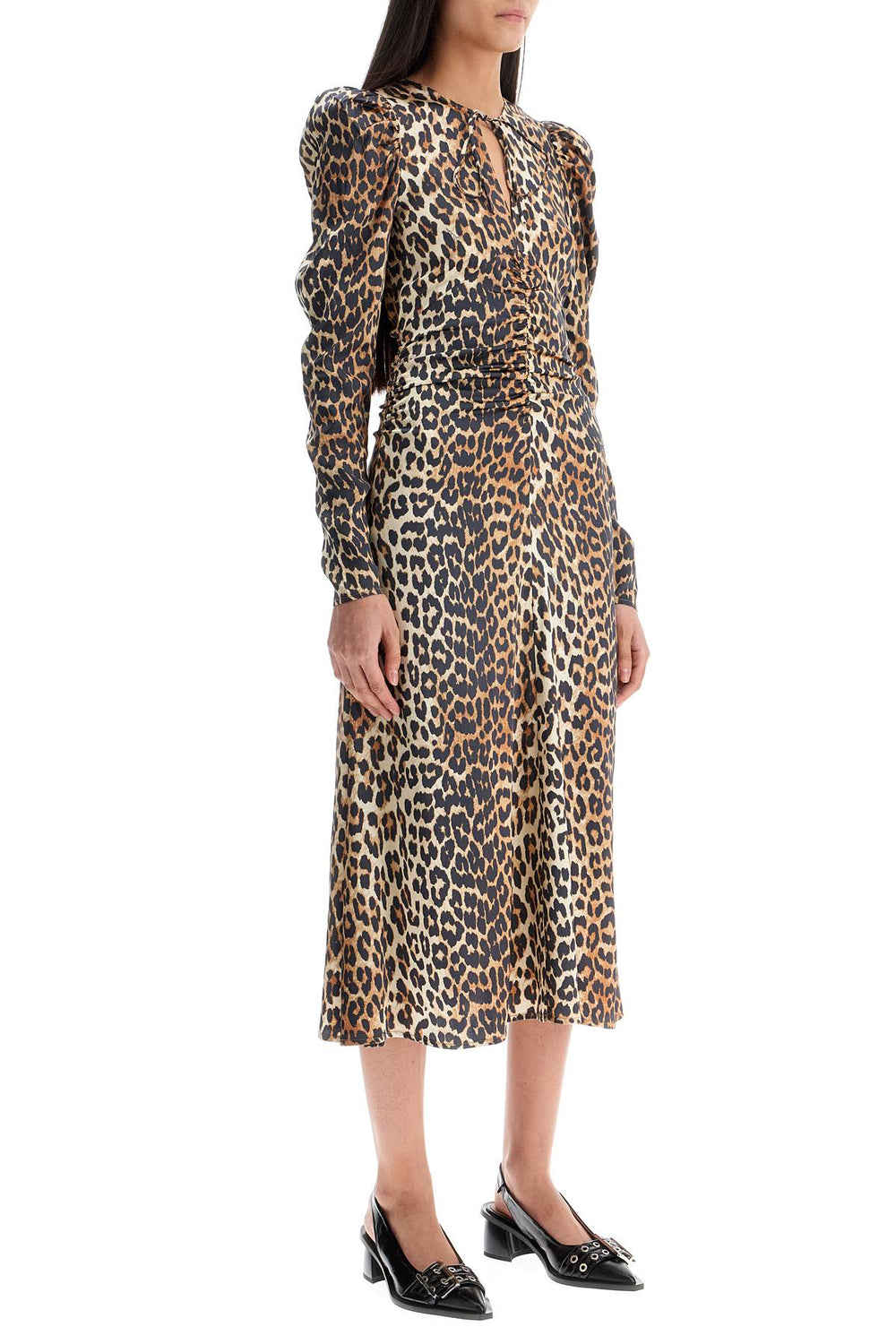 Ganni Leopard Print Satin Midi Dress