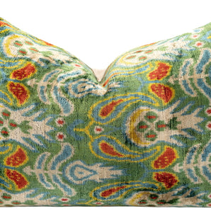 Canvello Exquisite 16x24 In Handmade Ikat Silk Velvet Pillow With Premium Down Feather Insert – Vibrant Vegetable Dyed Colors