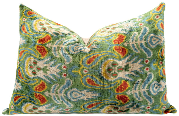 Canvello Exquisite 16x24 In Handmade Ikat Silk Velvet Pillow With Premium Down Feather Insert – Vibrant Vegetable Dyed Colors