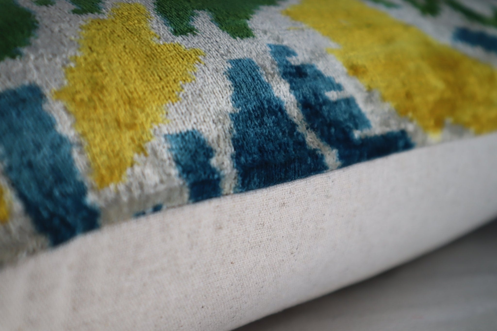 Canvello Green Yellow Blue Handmade 16x24 Silk Velvet Pillow, Organic Veg Dyed, Down/Feather Filled
