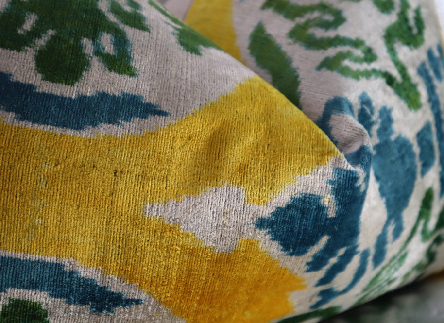 Canvello Green Yellow Blue Handmade 16x24 Silk Velvet Pillow, Organic Veg Dyed, Down/Feather Filled