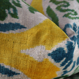 Canvello Green Yellow Blue Handmade 16x24 Silk Velvet Pillow, Organic Veg Dyed, Down/Feather Filled
