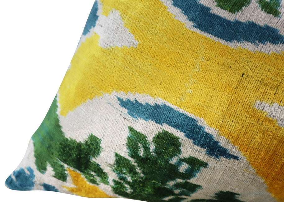 Canvello Green Yellow Blue Handmade 16x24 Silk Velvet Pillow, Organic Veg Dyed, Down/Feather Filled
