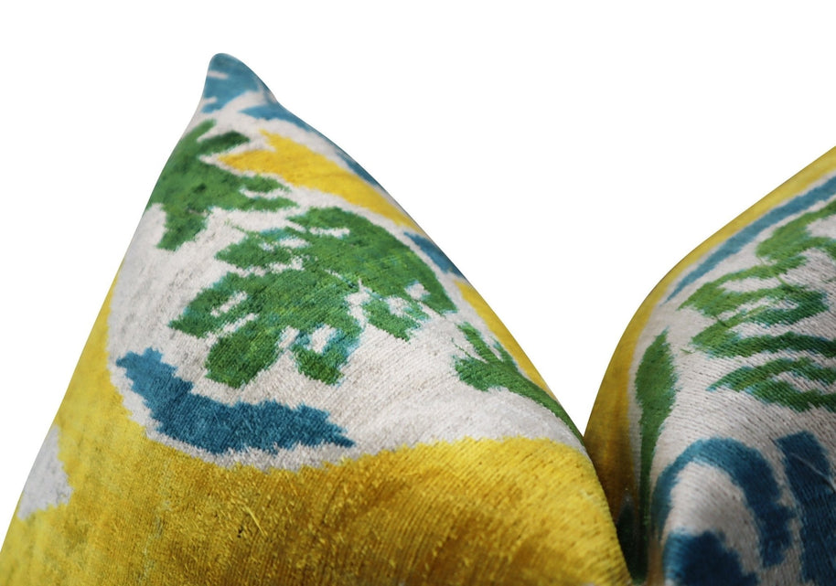 Canvello Green Yellow Blue Handmade 16x24 Silk Velvet Pillow, Organic Veg Dyed, Down/Feather Filled