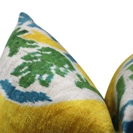 Canvello Green Yellow Blue Handmade 16x24 Silk Velvet Pillow, Organic Veg Dyed, Down/Feather Filled