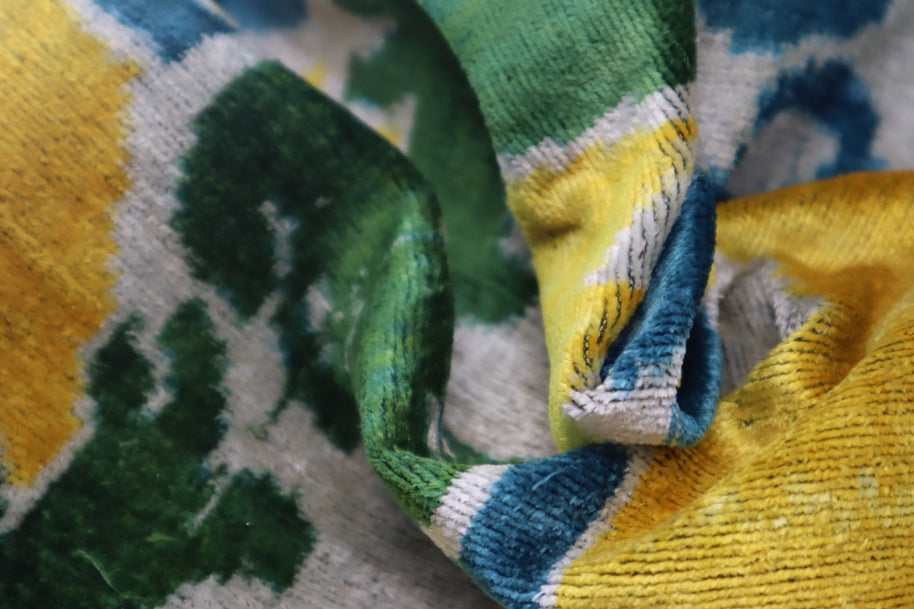 Canvello Green Yellow Blue Handmade 16x24 Silk Velvet Pillow, Organic Veg Dyed, Down/Feather Filled