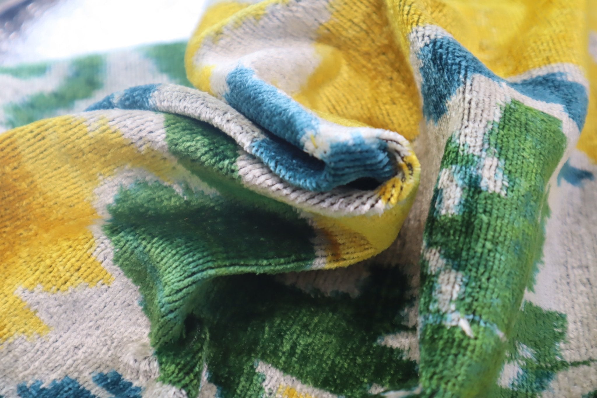 Canvello Green Yellow Blue Handmade 16x24 Silk Velvet Pillow, Organic Veg Dyed, Down/Feather Filled