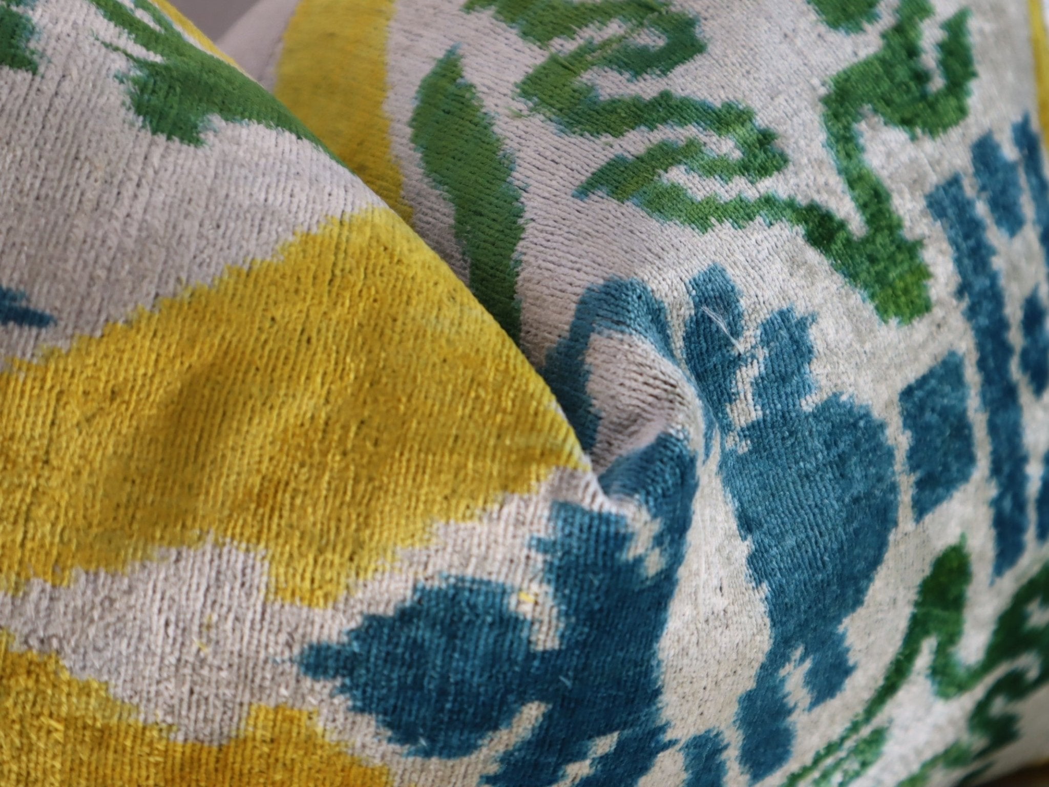 Canvello Green Yellow Blue Handmade 16x24 Silk Velvet Pillow, Organic Veg Dyed, Down/Feather Filled