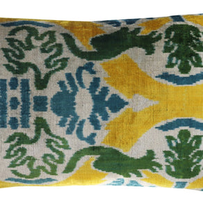 Canvello Green Yellow Blue Handmade 16x24 Silk Velvet Pillow, Organic Veg Dyed, Down/Feather Filled