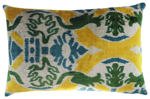 Canvello Green Yellow Blue Handmade 16x24 Silk Velvet Pillow, Organic Veg Dyed, Down/Feather Filled