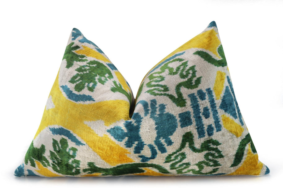 Canvello Green Yellow Blue Handmade 16x24 Silk Velvet Pillow, Organic Veg Dyed, Down/Feather Filled