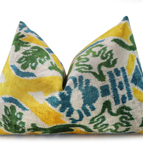 Canvello Green Yellow Blue Handmade 16x24 Silk Velvet Pillow, Organic Veg Dyed, Down/Feather Filled