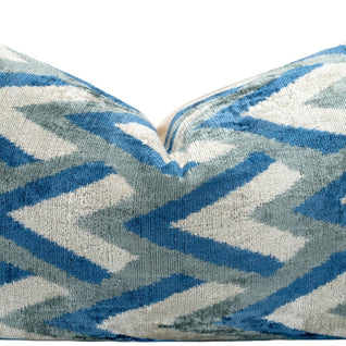 Canvello Handmade Chevron Velvet Throw Pillow In Blue And Grey - Ideal For Modern And Coastal Decor - 24x16 In