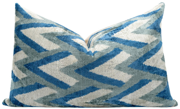 Canvello Handmade Chevron Velvet Throw Pillow In Blue And Grey - Ideal For Modern And Coastal Decor - 24x16 In
