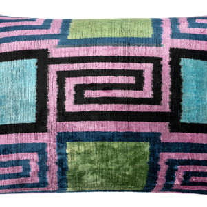 Canvello Handmade Geometric Velvet Throw Pillow With Vibrant Pink Blue Green - Perfect For Modern Interiors - 16x24 In