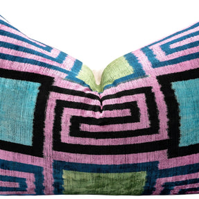 Canvello Handmade Geometric Velvet Throw Pillow With Vibrant Pink Blue Green - Perfect For Modern Interiors - 16x24 In