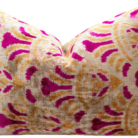 Canvello Handmade Pink And Gold Abstract Design Throw Pillow - 16x24 Inch, Silk Velvet, Vegetable Dyed With Premium Down Feather Insert