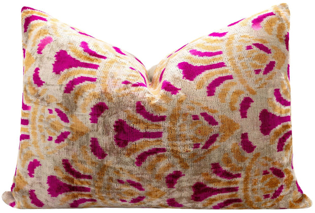 Canvello Handmade Pink And Gold Abstract Design Throw Pillow - 16x24 Inch, Silk Velvet, Vegetable Dyed With Premium Down Feather Insert