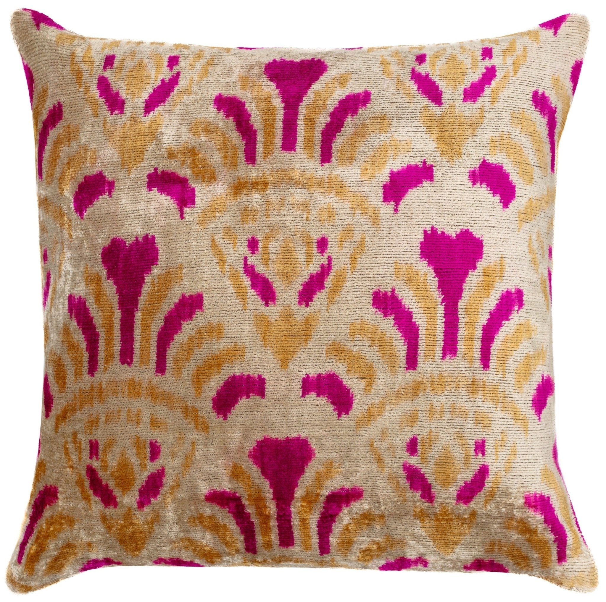 Canvello Handmade Pink And Gold Floral Design Throw Pillow - 16x16 Inch, Silk Velvet, Vegetable Dyed With Premium Down Feather Insert