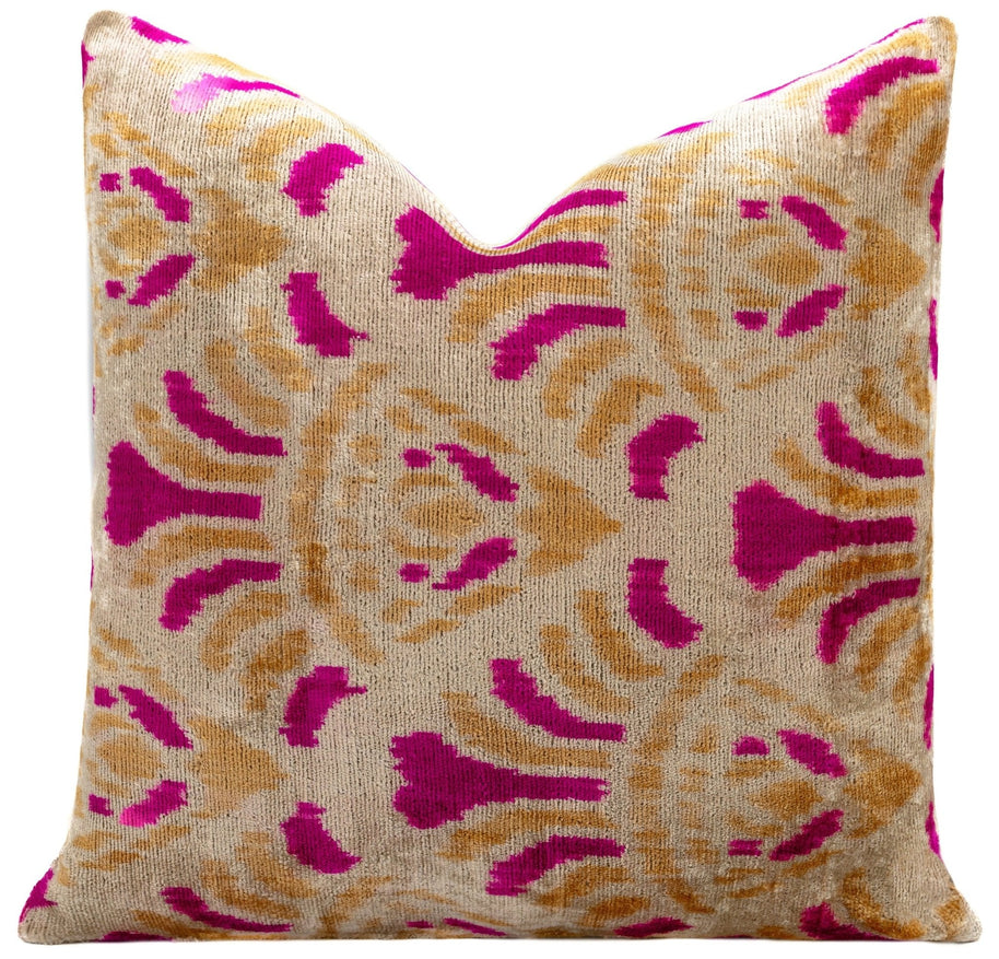 Canvello Handmade Pink And Gold Floral Design Throw Pillow - 16x16 Inch, Silk Velvet, Vegetable Dyed With Premium Down Feather Insert