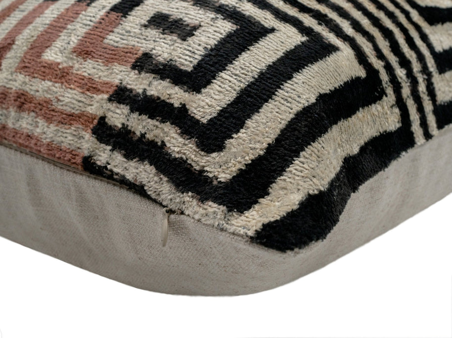 Canvello Handmade Silk Velvet Throw Pillow With Down Feather Insert – Maze Pattern In Black, Grey, And Terracotta - 22"X22"