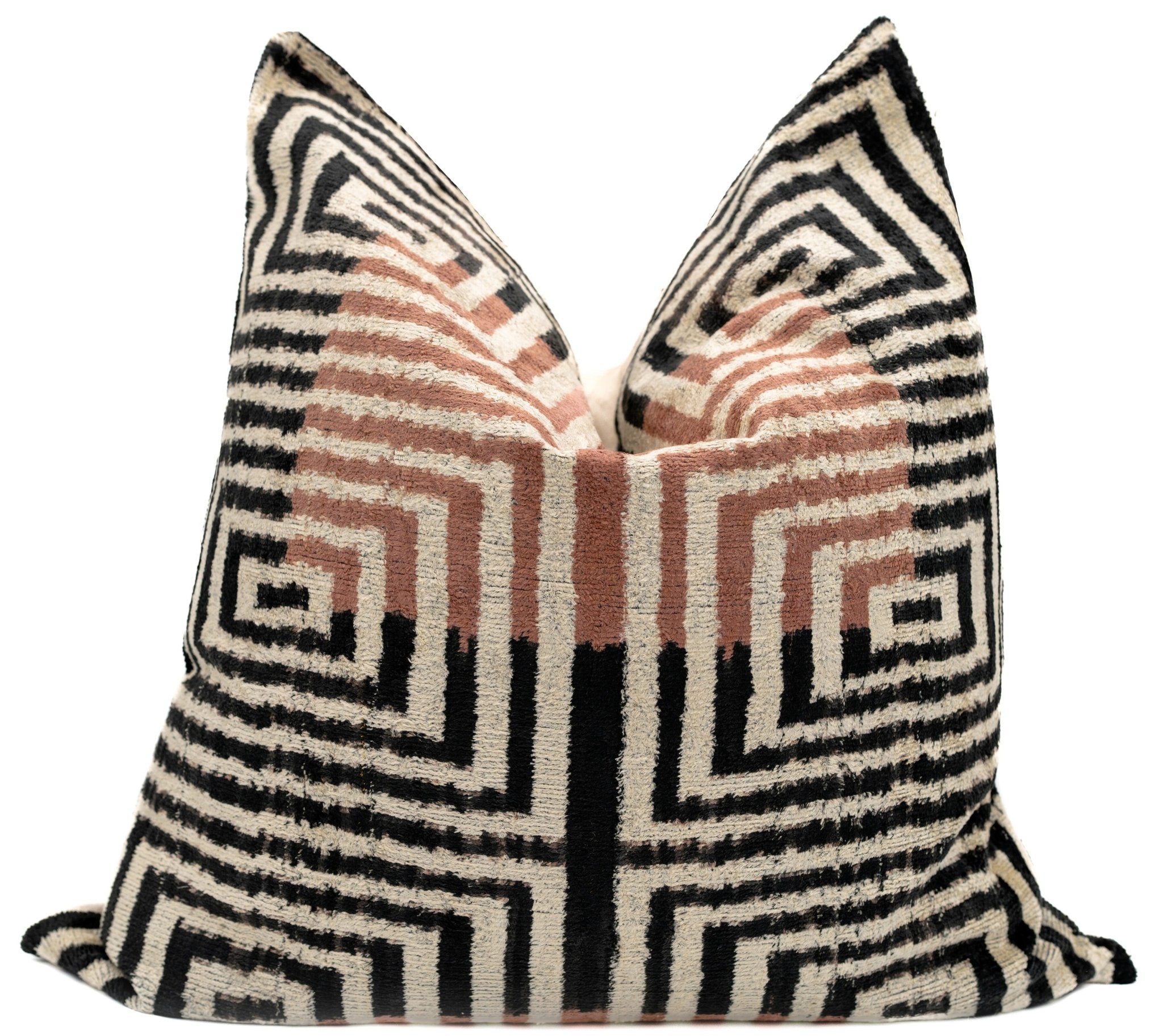 Canvello Handmade Silk Velvet Throw Pillow With Down Feather Insert – Maze Pattern In Black, Grey, And Terracotta - 22