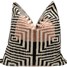 Canvello Handmade Silk Velvet Throw Pillow With Down Feather Insert – Maze Pattern In Black, Grey, And Terracotta - 22