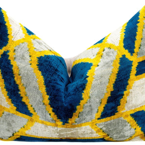 Canvello Handmade Throw Pillow Cover & Feather Insert | Gold Blue Gray | Soft Throw Pillow| Luxury Decorative For Couch | 16 X 24 In