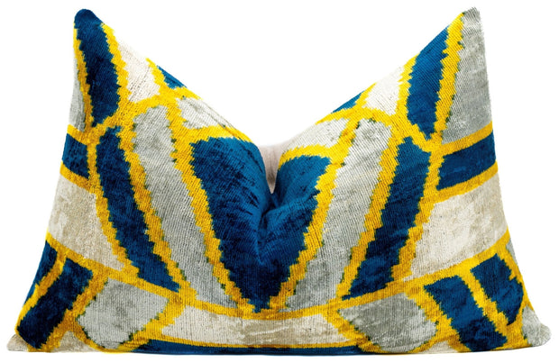 Canvello Handmade Throw Pillow Cover & Feather Insert | Gold Blue Gray | Soft Throw Pillow| Luxury Decorative For Couch | 16 X 24 In