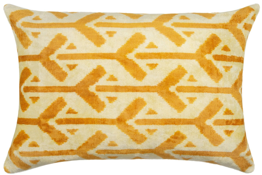 Canvello Handmade Tribal Arrow Velvet Throw Pillow In Yellow And Cream - Perfect For Bohemian And Rustic Decor - 16x24 In