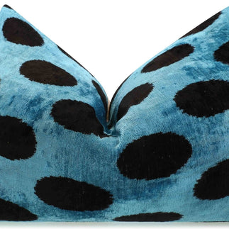 Canvello Handmade Velvet Lumbar Pillow In Blue And Black Polka Dot Design - High-Quality 16x24 Inch Decorative Accent With Premium Down Feather Insert