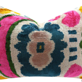 Canvello Handmade Velvet Lumbar Pillow In Bright Pink, Teal, And Yellow Floral Ikat Design - High-Quality 16x24 Inch Decorative Accent For Sofas, Couches, And Interior Design