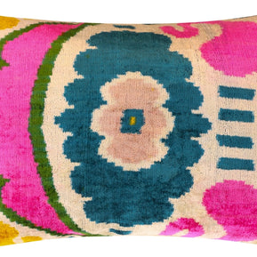Canvello Handmade Velvet Lumbar Pillow In Bright Pink, Teal, And Yellow Floral Ikat Design - High-Quality 16x24 Inch Decorative Accent For Sofas, Couches, And Interior Design