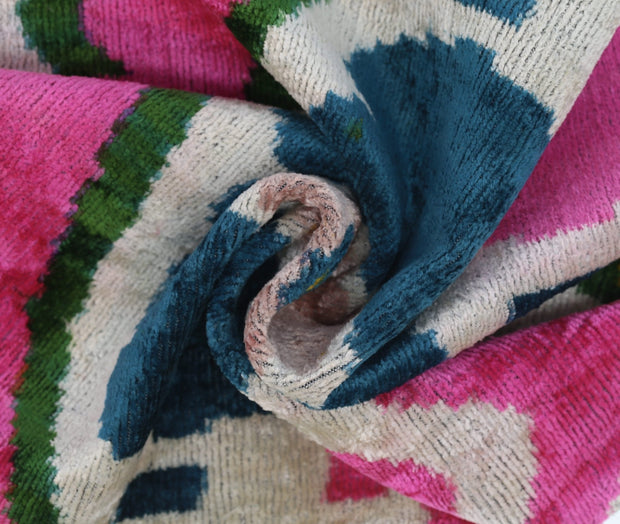 Canvello Handmade Velvet Lumbar Pillow In Bright Pink, Teal, And Yellow Floral Ikat Design - High-Quality 16x24 Inch Decorative Accent For Sofas, Couches, And Interior Design