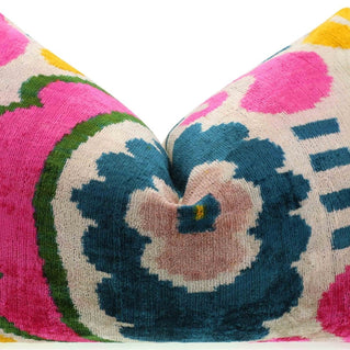 Canvello Handmade Velvet Lumbar Pillow In Bright Pink, Teal, And Yellow Floral Ikat Design - High-Quality 16x24 Inch Decorative Accent For Sofas, Couches, And Interior Design